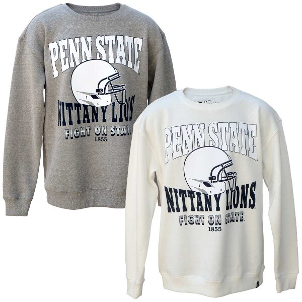 heather gray and white long sleeve crew sweatshirts with Penn State Nittany Lions, football helmet, Fight on State, and 1855